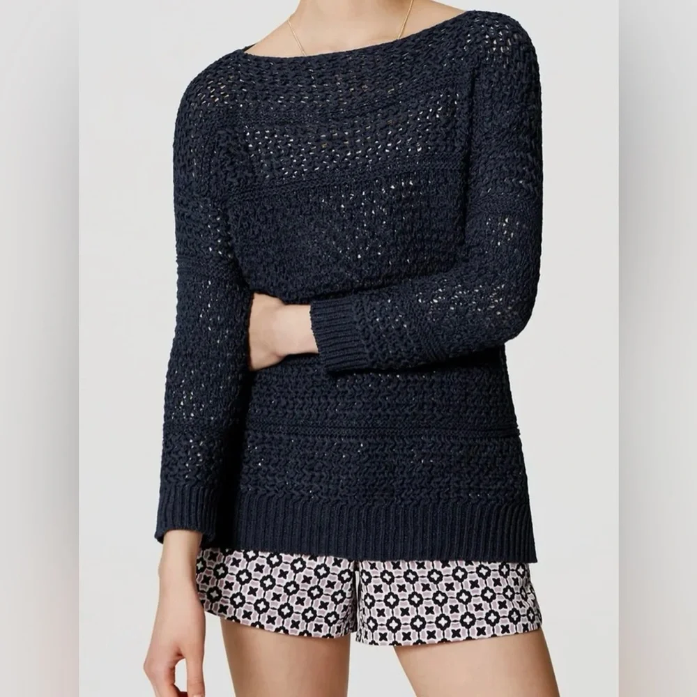 LOFT Navy Textured Open Stitch Knit Pullover Sweater | Size XS